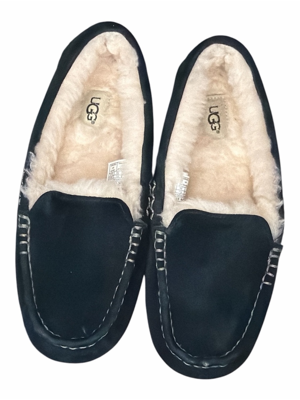UGG Women’s Black Suede Moccasin Slippers with Cream Shearling